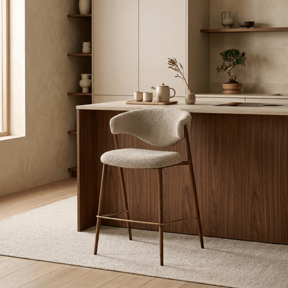 Barstoel bouclé zandkleur Kaito - walnootlook frame - Japandi
