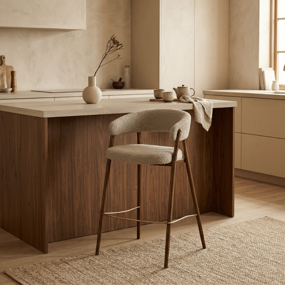 Barhocker Bouclé Sandfarbe Ryo - Walnussoptik Gestell - Japandi