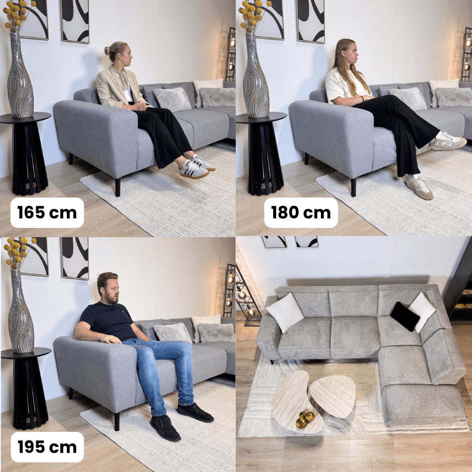 Ecksofa mit kompakter Lounge grau-blauer recycelter Stoff Moby - links