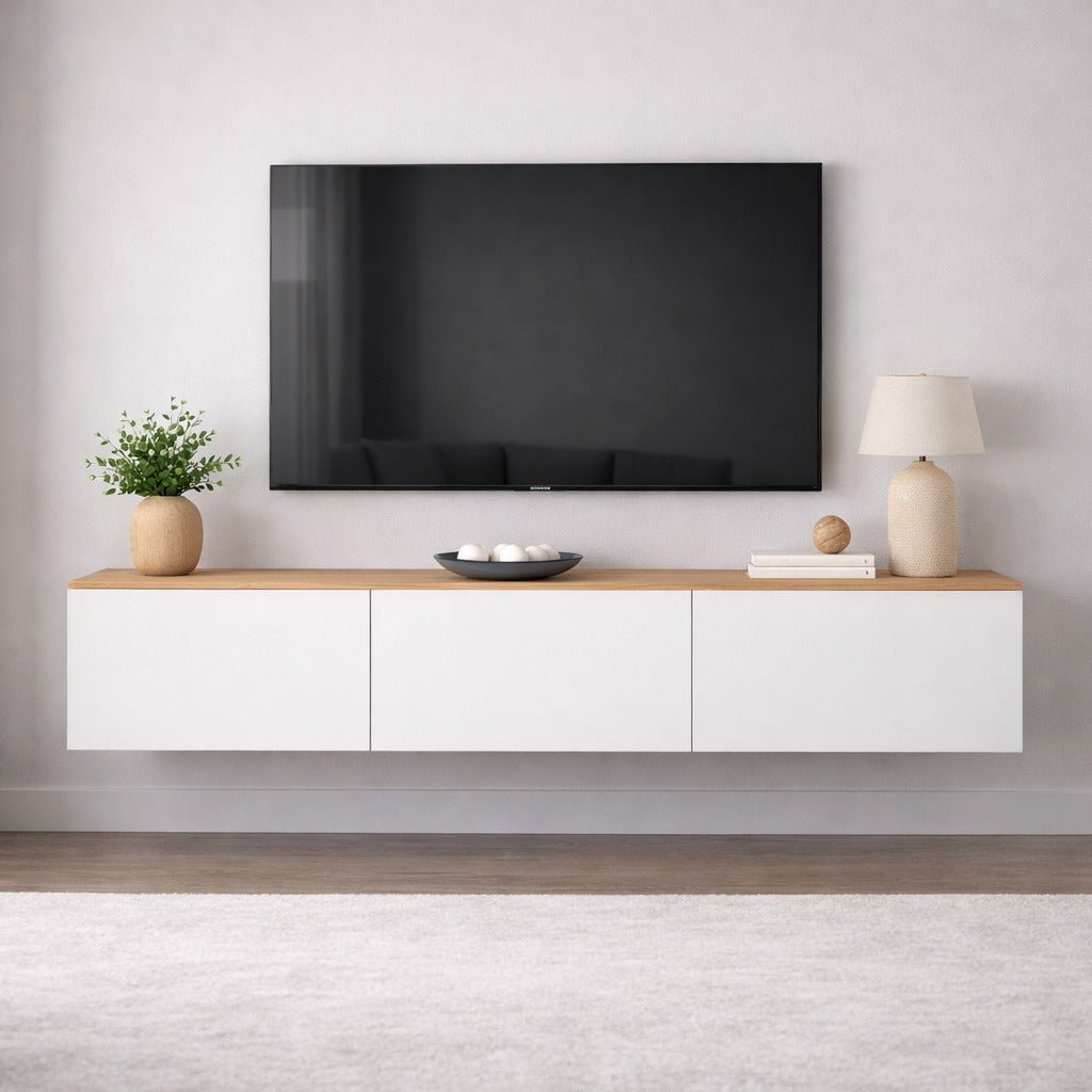 Schwebender TV-Schrank weiß mit Melamin in Eichenoptik – 150 x 30 cm – West