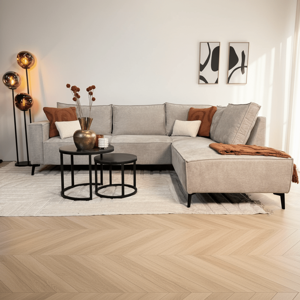 Ecksofa mit Chaiselongue aus beige Chenille Yara - rechts