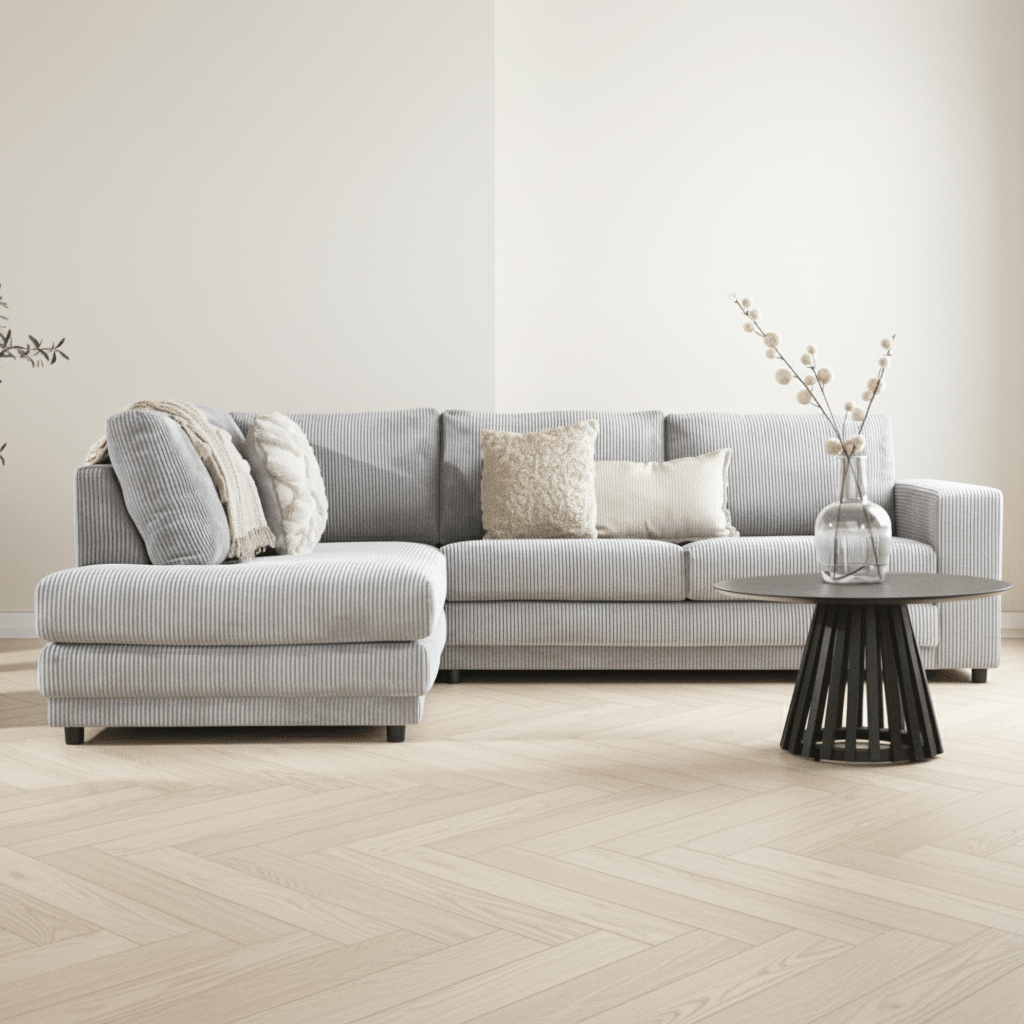 Ecksofa hellgraues Rippstoff-Sofagarnitur Gabi - links