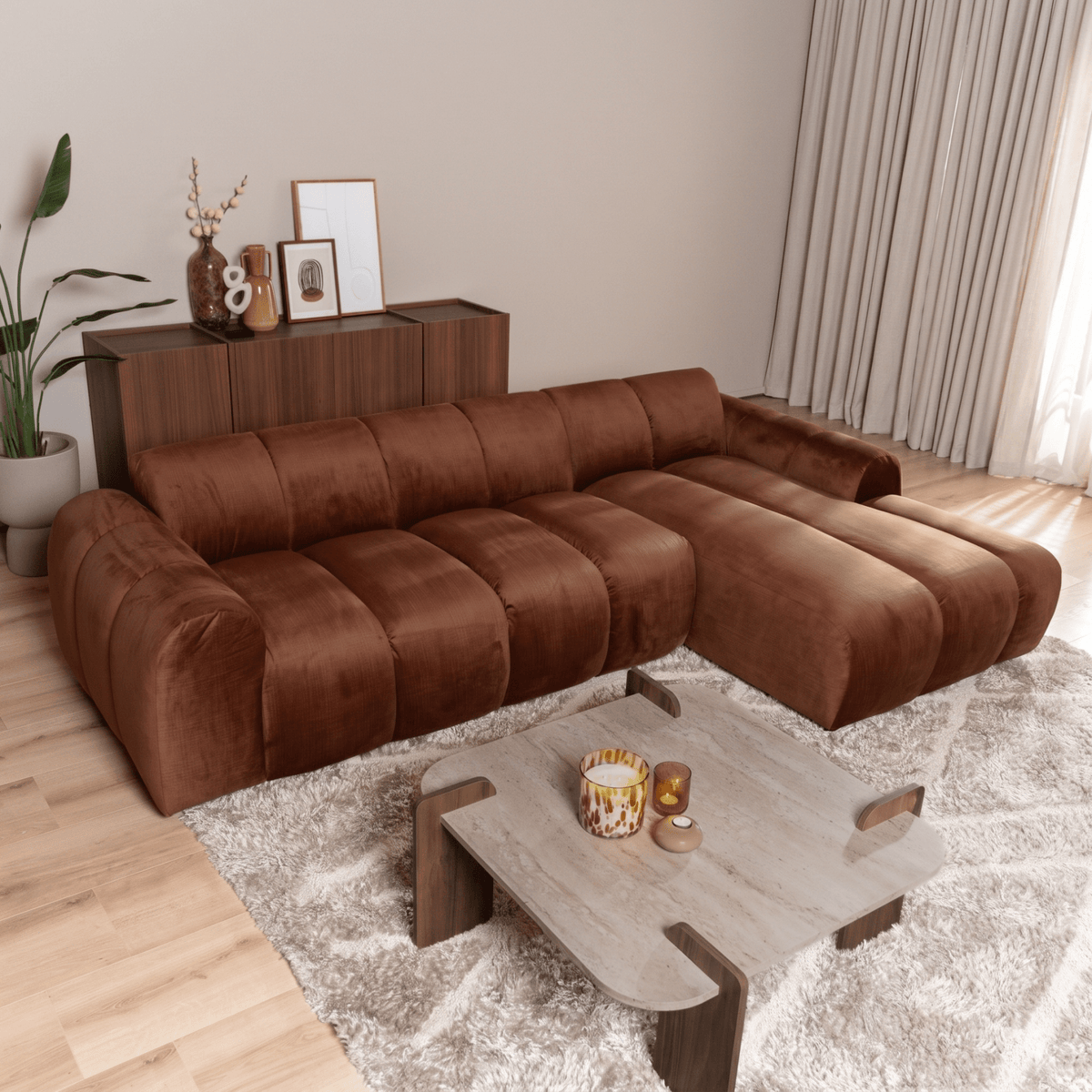 Banken-Hoekbank met lounge koper velvet structuurstof - strepen - rechts - Brix-Dimehouse