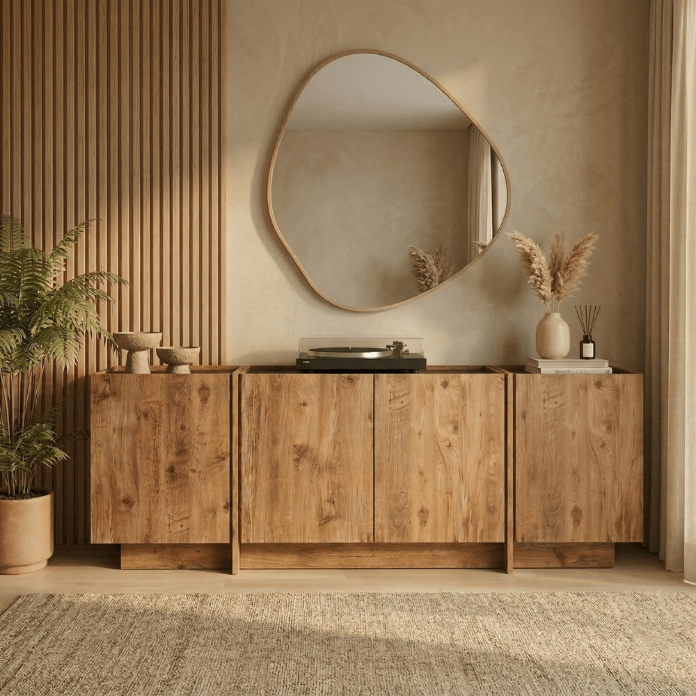 Sideboard Japandi Eichenoptik Melamin Anthrazit Lowen 180x45x80 cm