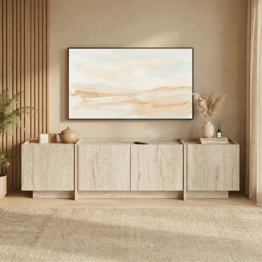 TV-Schrank Japandi Travertin Melamin Lowen 180 cm