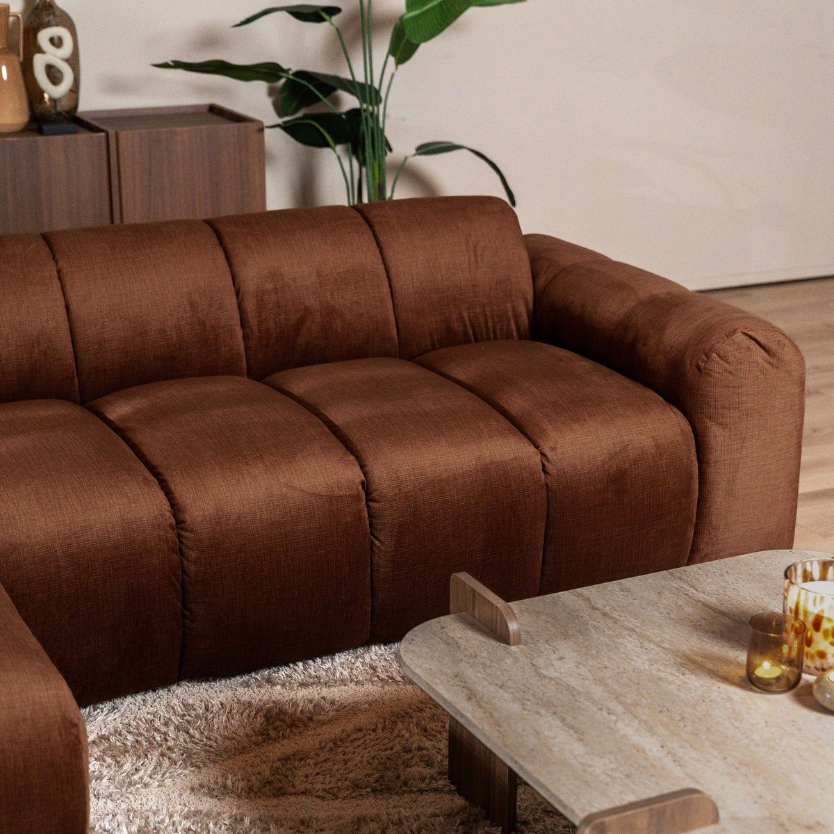 Banken-Hoekbank met lounge koper velvet structuurstof - strepen - links - Brix-Dimehouse