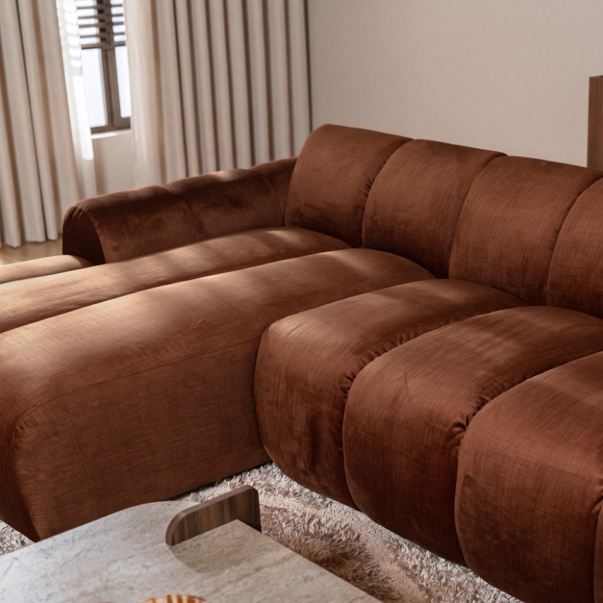 Banken-Hoekbank met lounge koper velvet structuurstof - strepen - links - Brix-Dimehouse