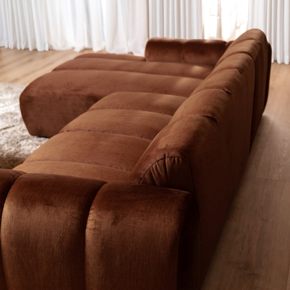 Banken-Hoekbank met lounge koper velvet structuurstof - strepen - links - Brix-Dimehouse