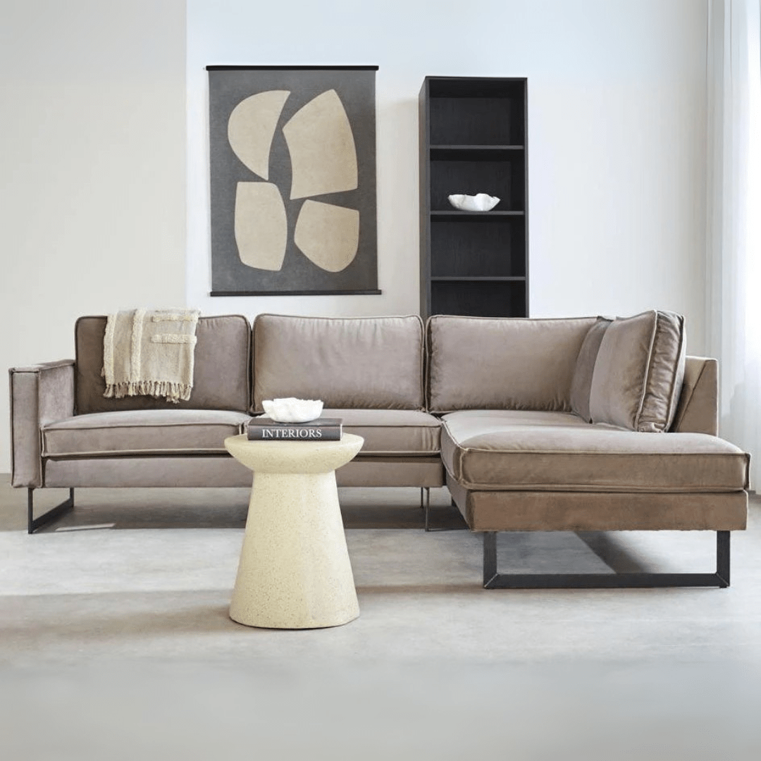 Ecksofa Quinn Samt Champagner Taupe lose Kissen rechts 