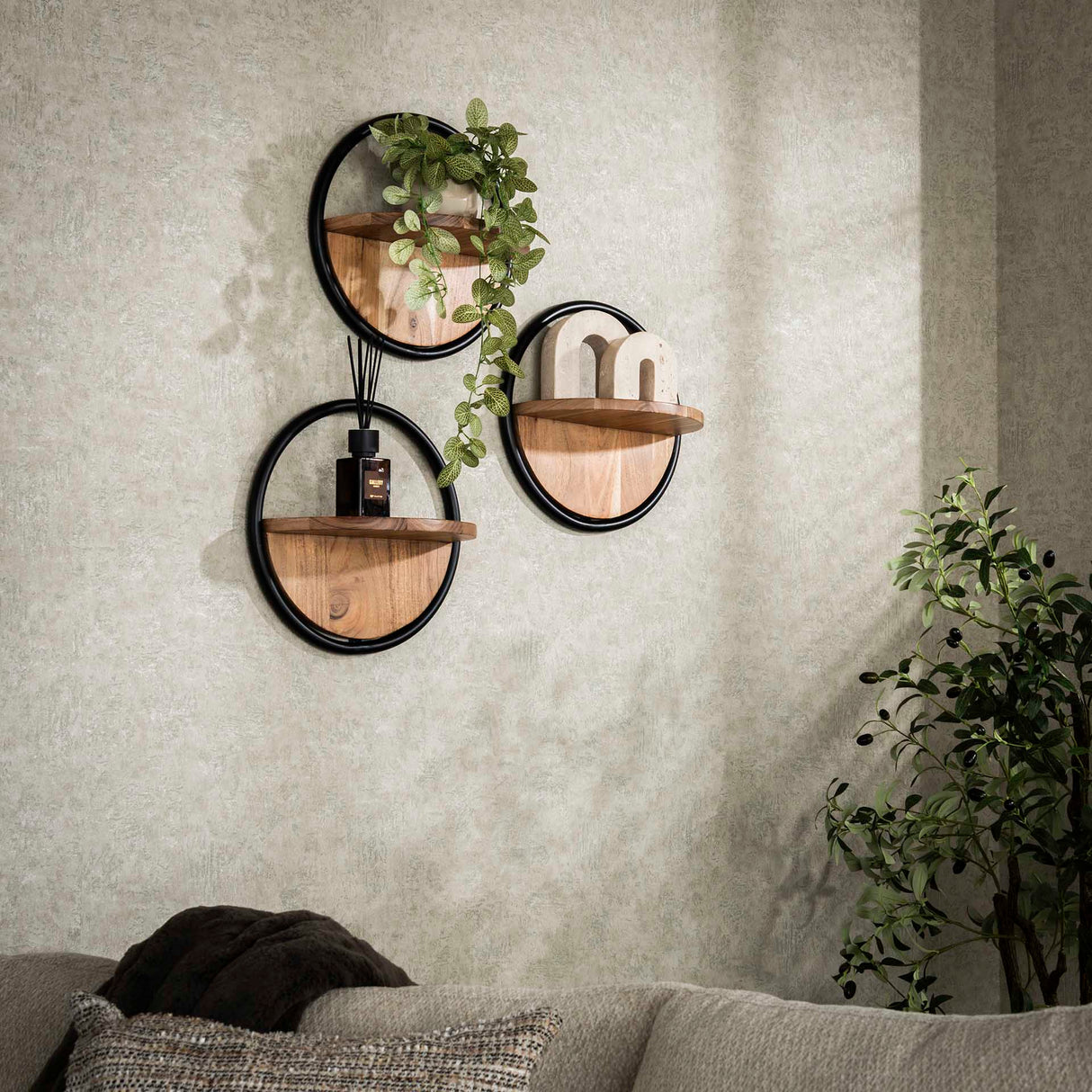 Wandplank Rond Ø35 Massief Acaciahout set van 3