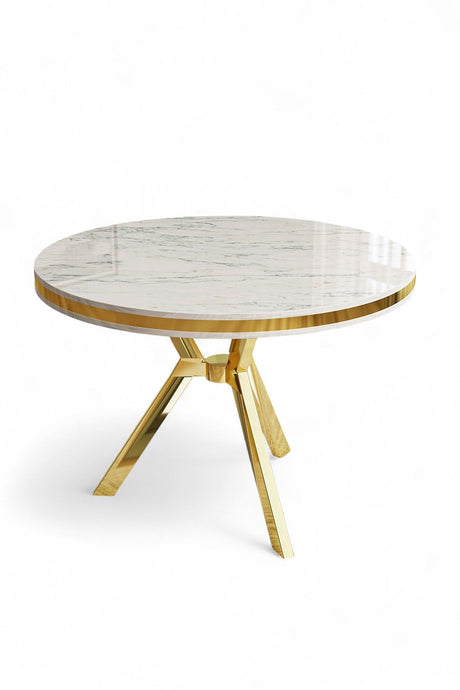 Mos Esstisch Marmoroptik oval 90 cm Weiße Marmoroptik mit goldfarbener 100 % lackierter Platte
