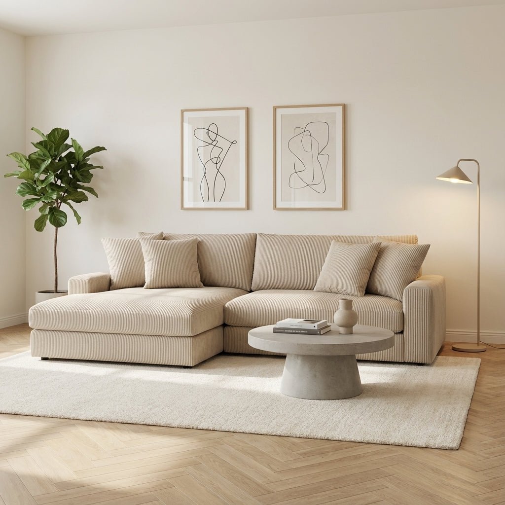 3-Sitzer-Loungesofa Kaia, gerippter Stoff in Beige, Stimmungsfoto in einem modernen Interieur