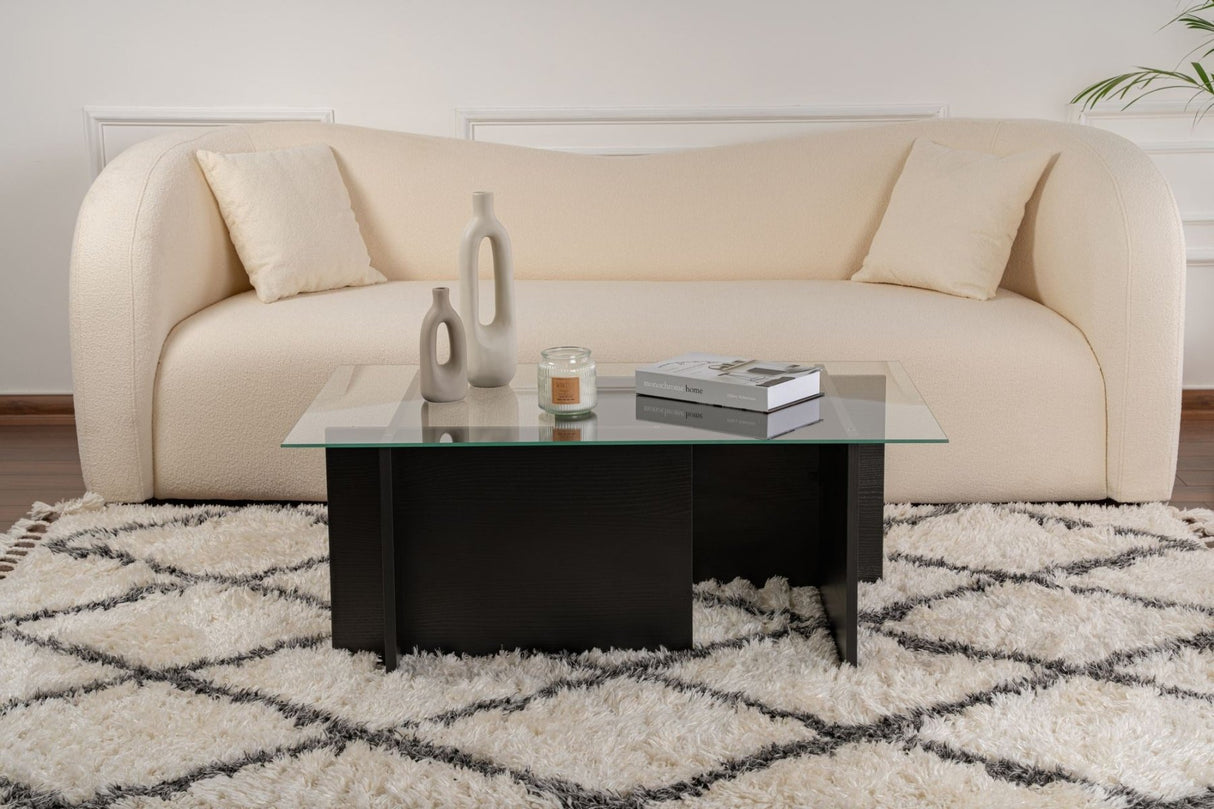 Rechteckiger Moderner Couchtisch Vetroni Schwarz Holzoptik - Glas - 105x65 cm 