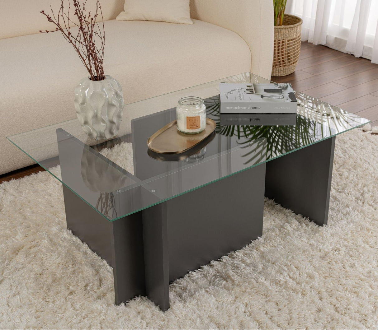 Rechteckiger Moderner Couchtisch Vetroni Anthrazit - Glas - 105x65 cm 