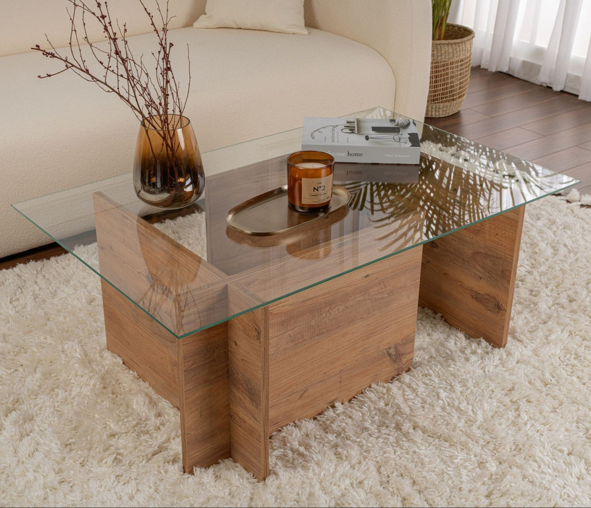 Rechteckiger Moderner Couchtisch Vetroni Atlantische Kiefernholz Optik - Glas - 105x65 cm 