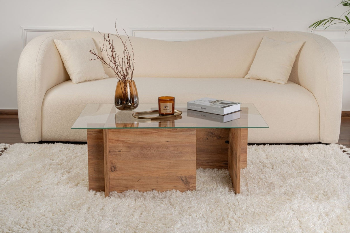Rechteckiger Moderner Couchtisch Vetroni Atlantische Kiefernholz Optik - Glas - 105x65 cm 