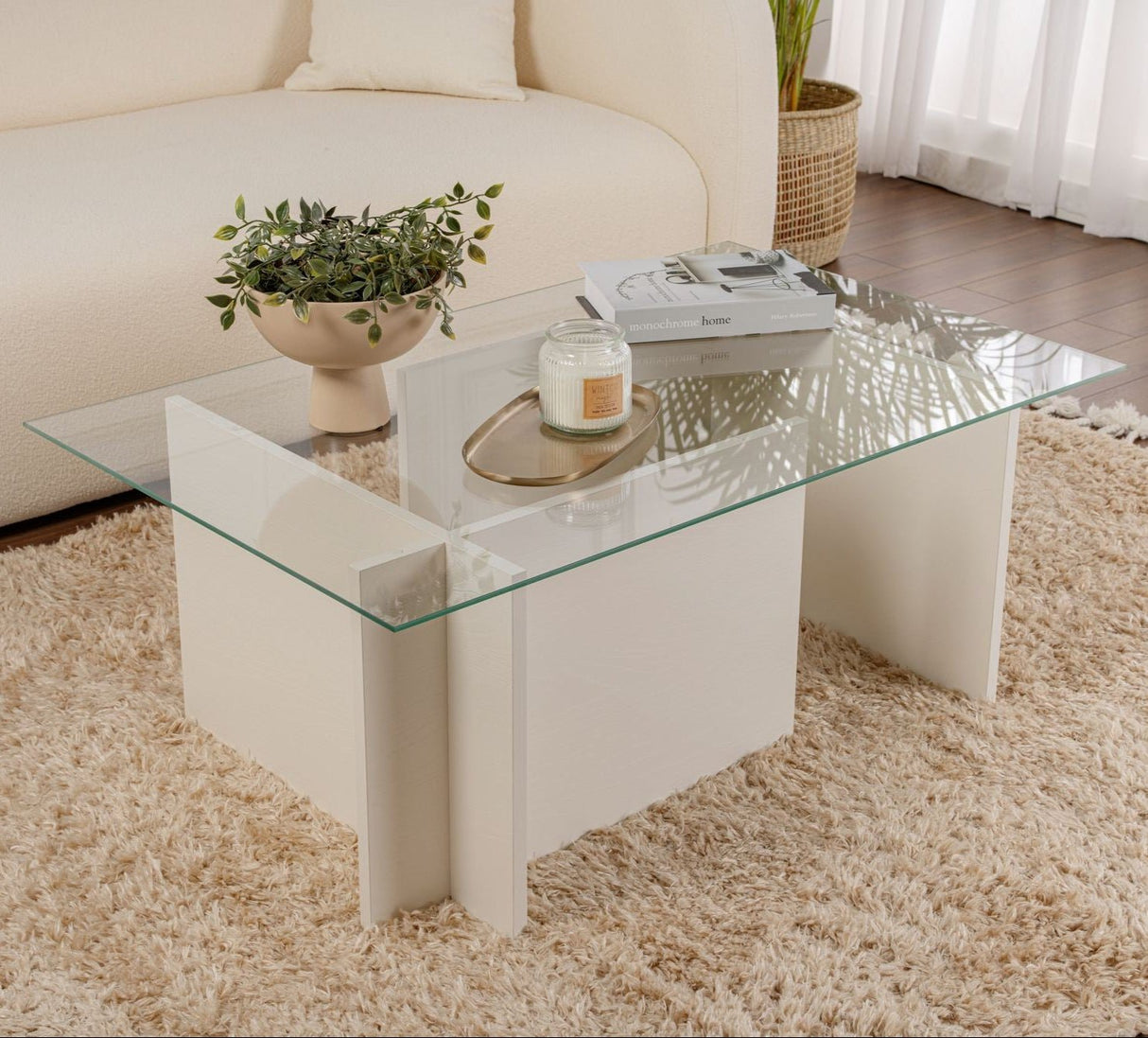 Rechteckiger Moderner Couchtisch Vetroni Weiß Holzoptik - Glas - 105x65 cm 