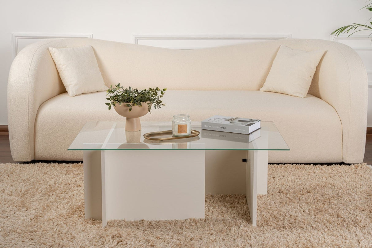 Rechteckiger Moderner Couchtisch Vetroni Weiß Holzoptik - Glas - 105x65 cm 