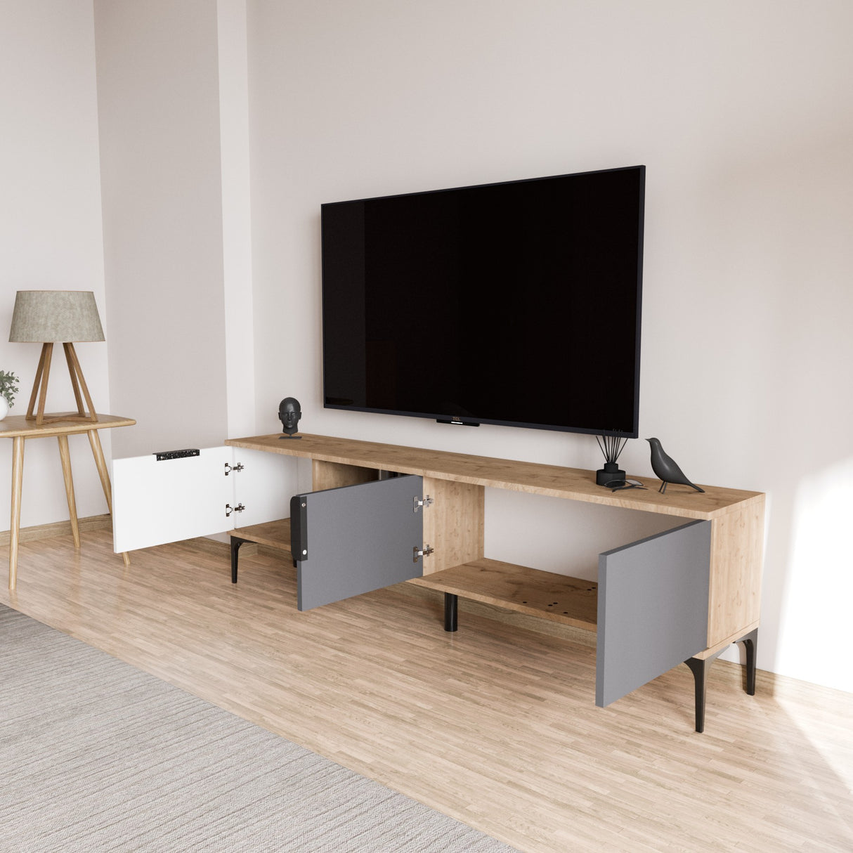 Tarz tv-meubel met open vakken 180 cm Wit, antraciet en eikenlook Melamine gecoat houtcomposiet