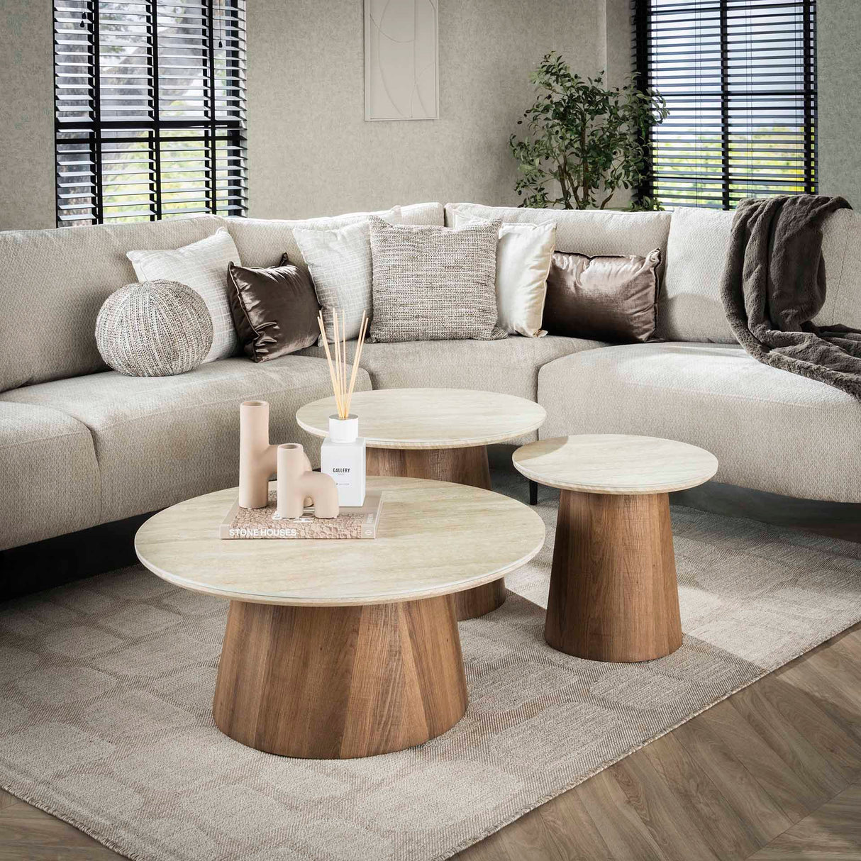 Trio Ø80 Couchtisch Set Keramik Travertin 