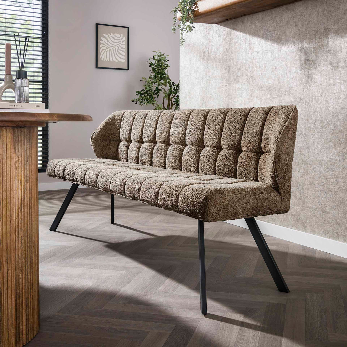 Esszimmerbank Lino Bouclé Stoff Taupe 180 cm Kariert 