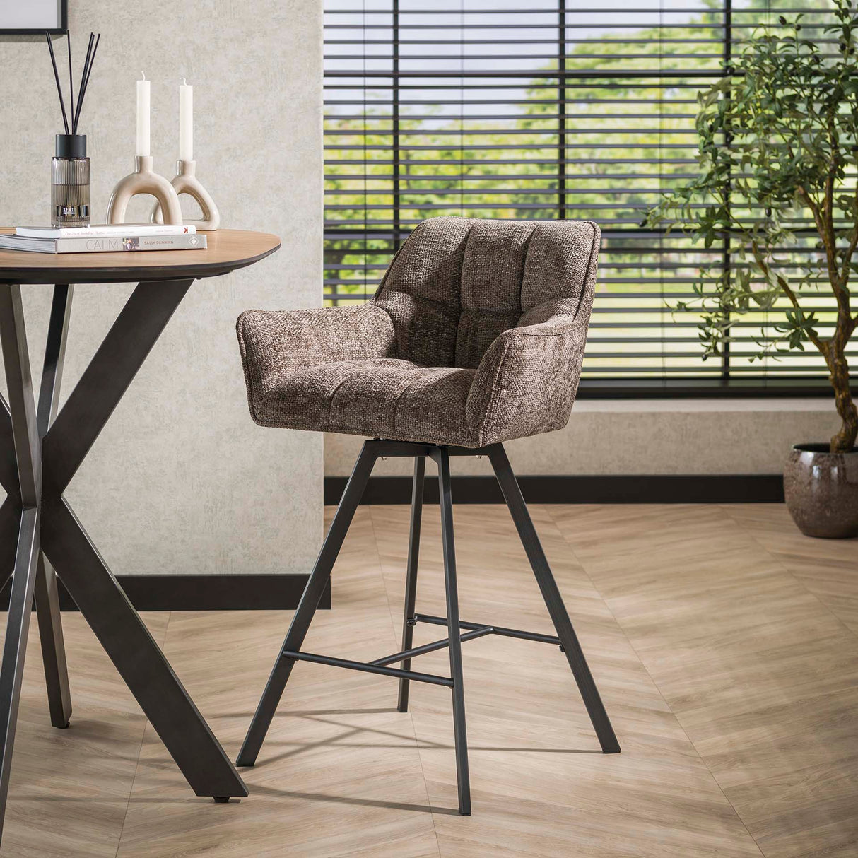 Barkruk Lino Chenille Stof Rich Taupe Draaibaar