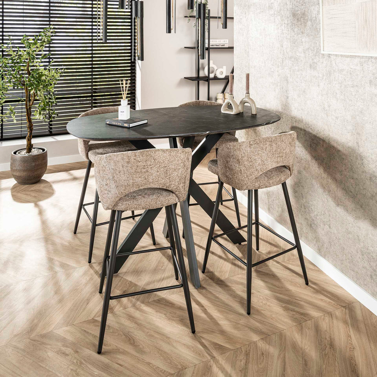Dänischer ovaler Bartisch Iris 140x80 cm mit Spinnenbeinen Keramiklook 