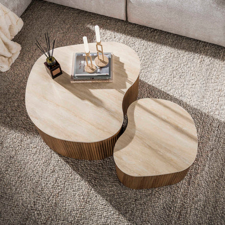 Set mit 2 Bio-Couchtischen Cruz Bold – Keramik Travertin-Eichenholzoptik gerippt