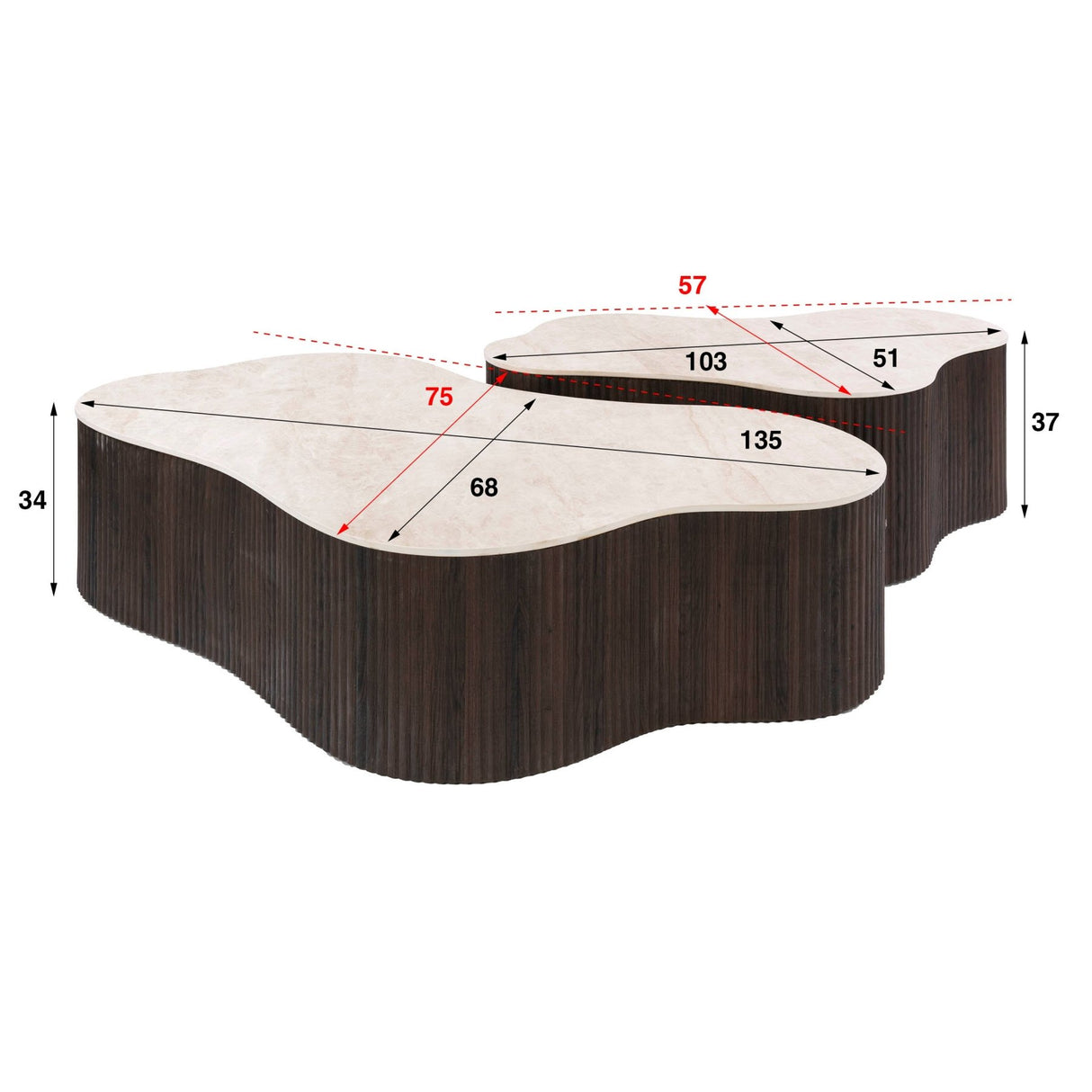 Weißes Foto mit Abmessungen, Set aus 2 Bio-Couchtischen Cruz Grand mit Taj Mahal-Keramikplatten und dunkelbraunem, geripptem Untergestell.