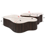 Weißes Foto mit Abmessungen, Set aus 2 Bio-Couchtischen Cruz Grand mit Taj Mahal-Keramikplatten und dunkelbraunem, geripptem Untergestell.