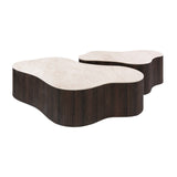 Weißes Foto-Set aus 2 Bio-Couchtischen Cruz Grand mit Taj Mahal-Keramikplatten und dunkelbraunem geripptem Untergestell.