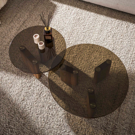 Set mit 2 runden Couchtischen, braunes Rauchglas in Eichenoptik, Thor