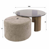 Set mit 2 runden Couchtischen Thor aus braunem Rauchglas und sandfarbenem Stoff