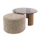 Set mit 2 runden Couchtischen Thor aus braunem Rauchglas und sandfarbenem Stoff