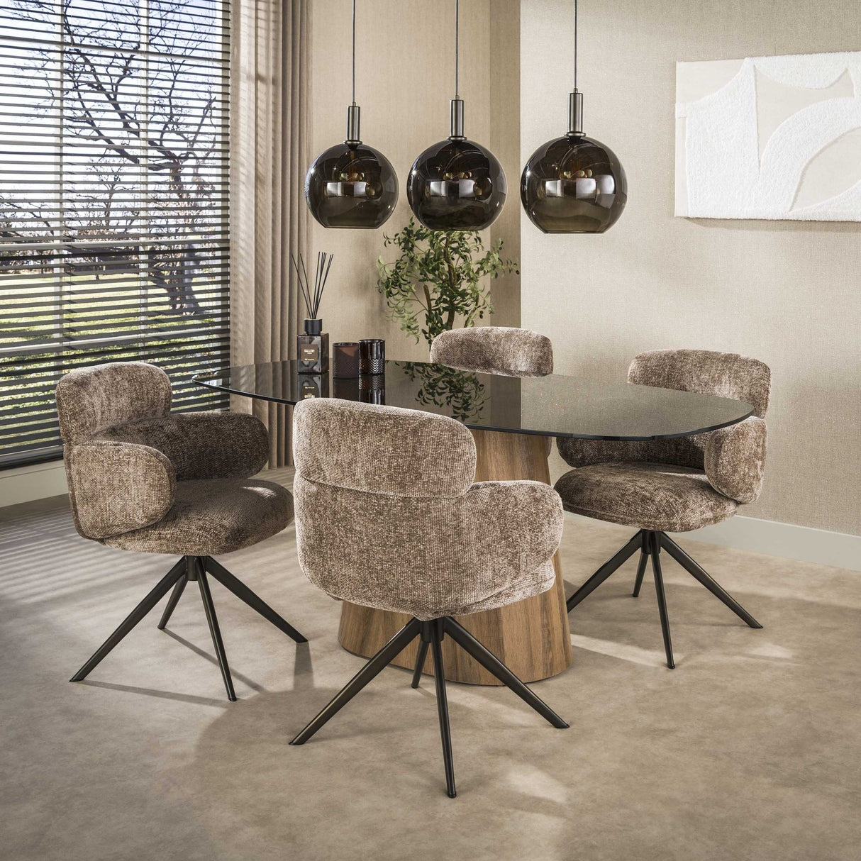 Dänischer ovaler Esstisch, braunes Rauchglas-Gestell in Eichenoptik, Thor 180 cm