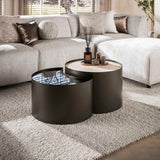 Set aus 2 Couchtischen Moony – Metallgestell & Keramik-Travertin-Optik und Glas