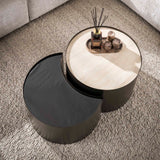 Set aus 2 Couchtischen Moony – Metallgestell & Keramik-Travertin-Optik und Glas