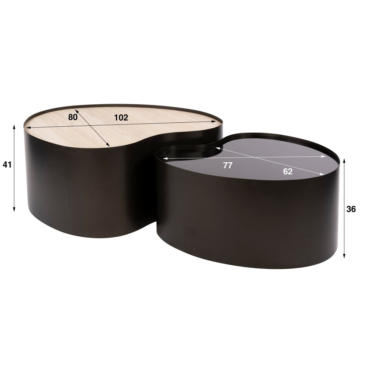 Set aus 2 Bio-Couchtischen Moony – Metallgestell & Keramik-Travertin-Optik und Glas