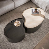 Set aus 2 Bio-Couchtischen Moony – Metallgestell & Keramik-Travertin-Optik und Glas