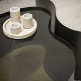 Set aus 2 Bio-Couchtischen Moony – Metallgestell & Keramik-Travertin-Optik und Glas