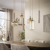 Hängelampe Sera 7-flammig, beiges Metall, bernsteinfarbenes Glas