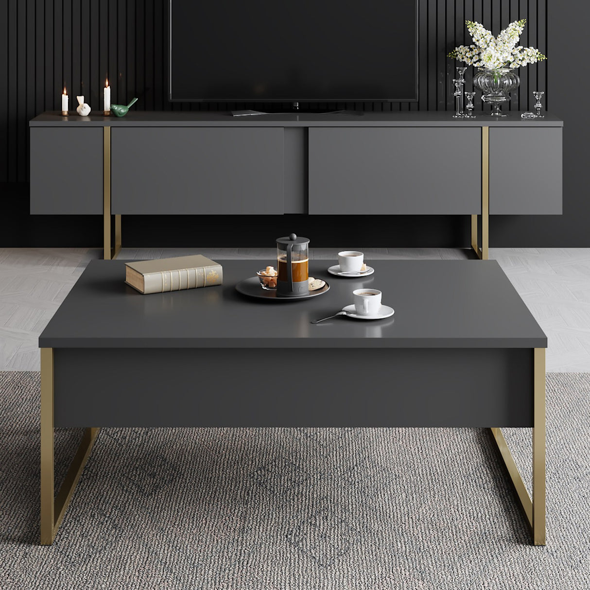 Rechteckiger Couchtisch Anthrazit Luxus 90x60 - Goldener Rahmen
