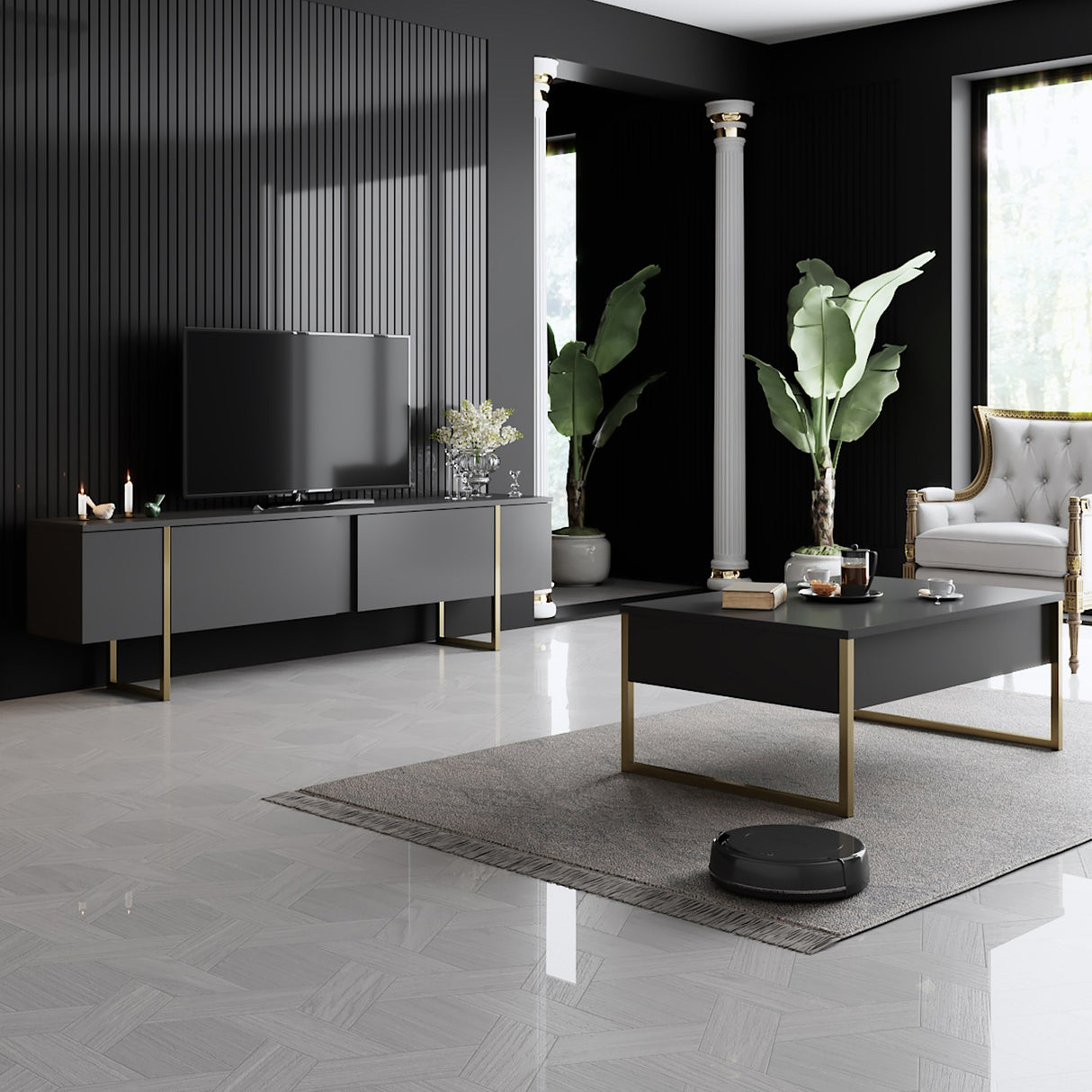 Rechteckiger Couchtisch Anthrazit Luxus 90x60 - Goldener Rahmen