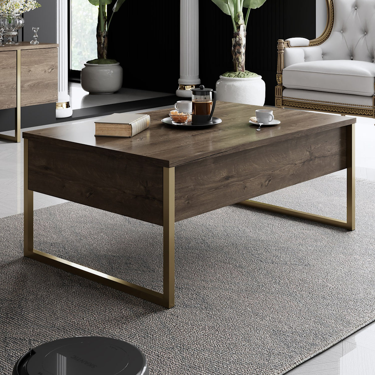 Rechteckiger Couchtisch Walnuss Luxus 90x60 - Goldrahmen