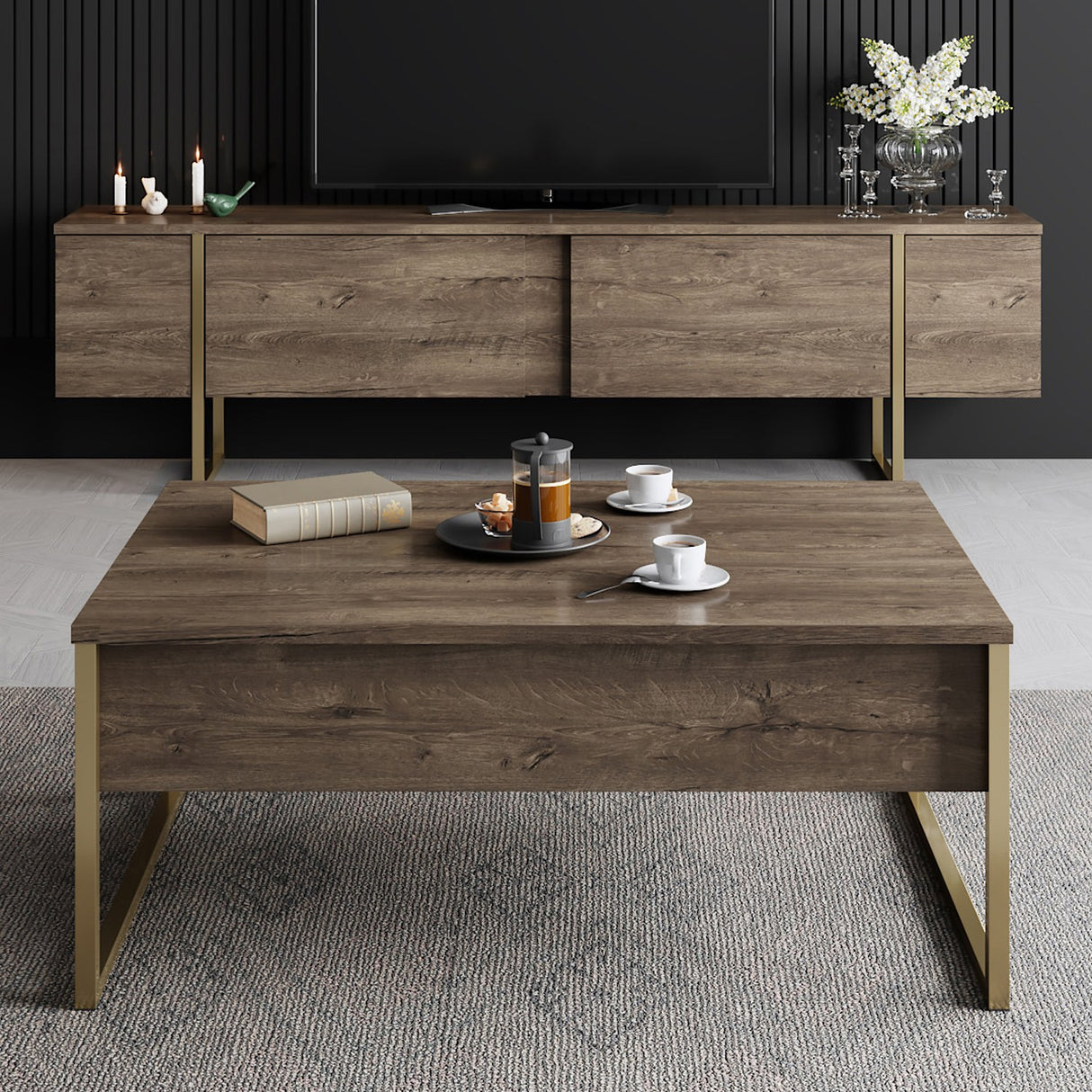 Rechteckiger Couchtisch Walnuss Luxus 90x60 - Goldrahmen
