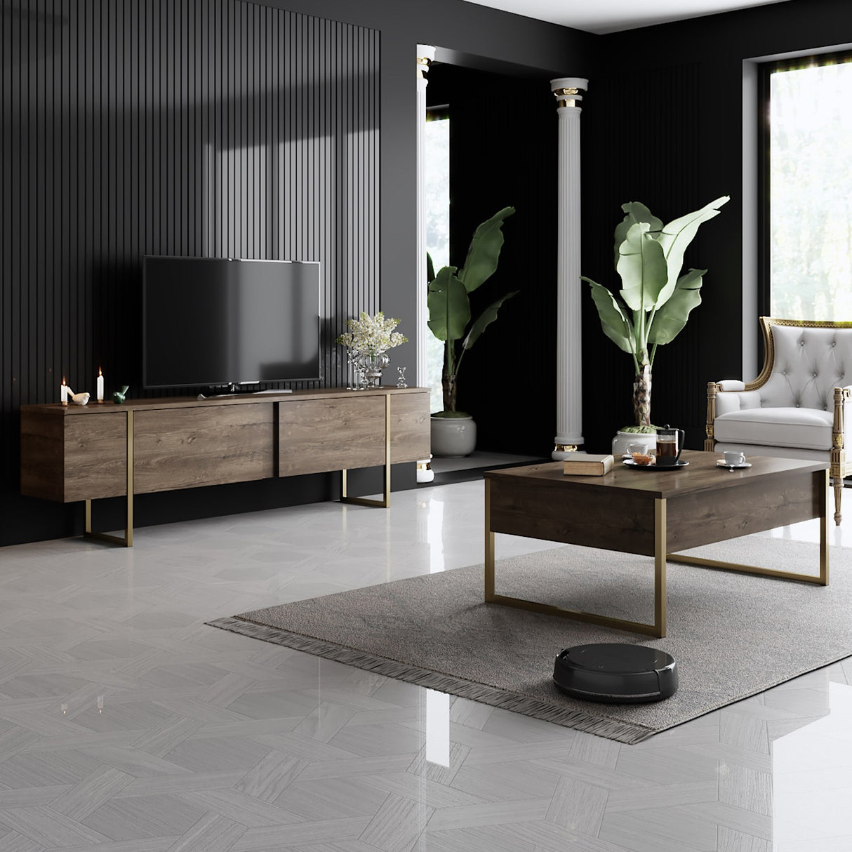 Rechteckiger Couchtisch Walnuss Luxus 90x60 - Goldrahmen