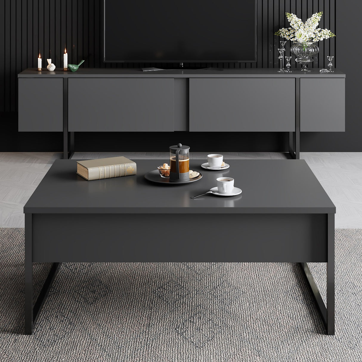 Rechteckiger Couchtisch Anthrazit Luxus 90x60 - Schwarzer Rahmen