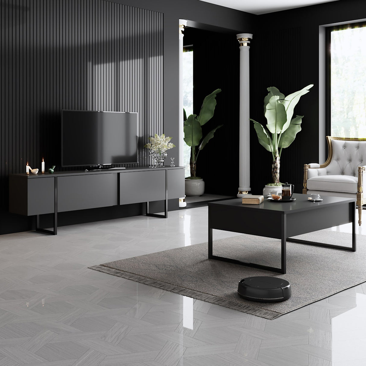 Rechteckiger Couchtisch Anthrazit Luxus 90x60 - Schwarzer Rahmen