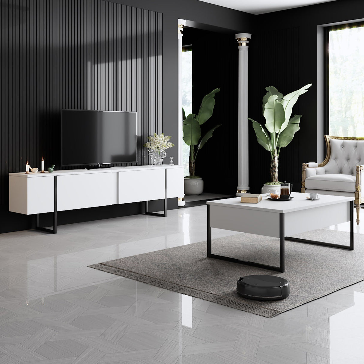 Möbelset White Luxury - Couchtisch + TV-Schrank - Schwarzer Rahmen