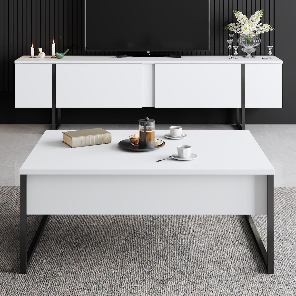 Möbelset White Luxury - Couchtisch + TV-Schrank - Schwarzer Rahmen